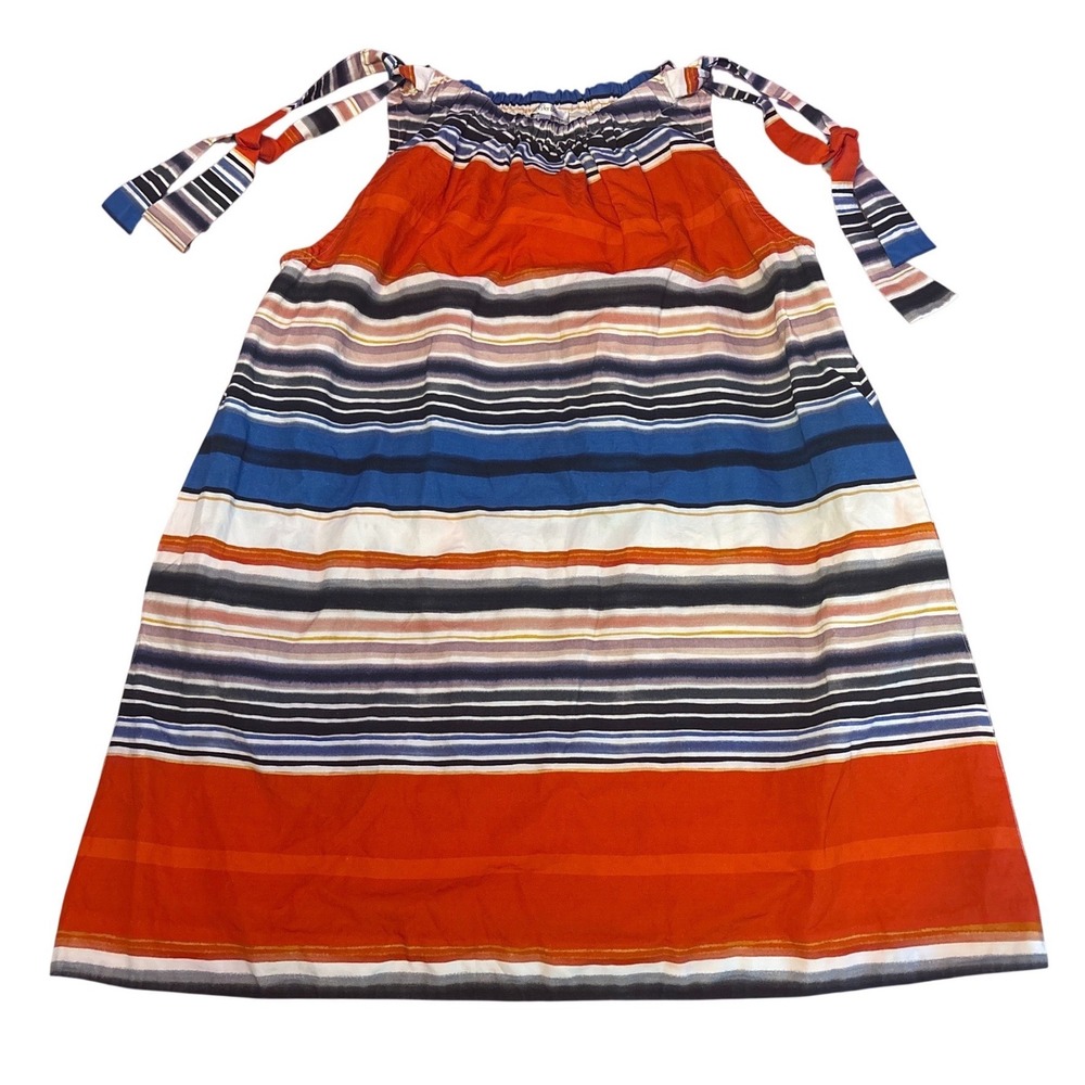 Tyler Böe Orange Blue Striped Linen Blend Tie Strap Pocket Shift Dress Large